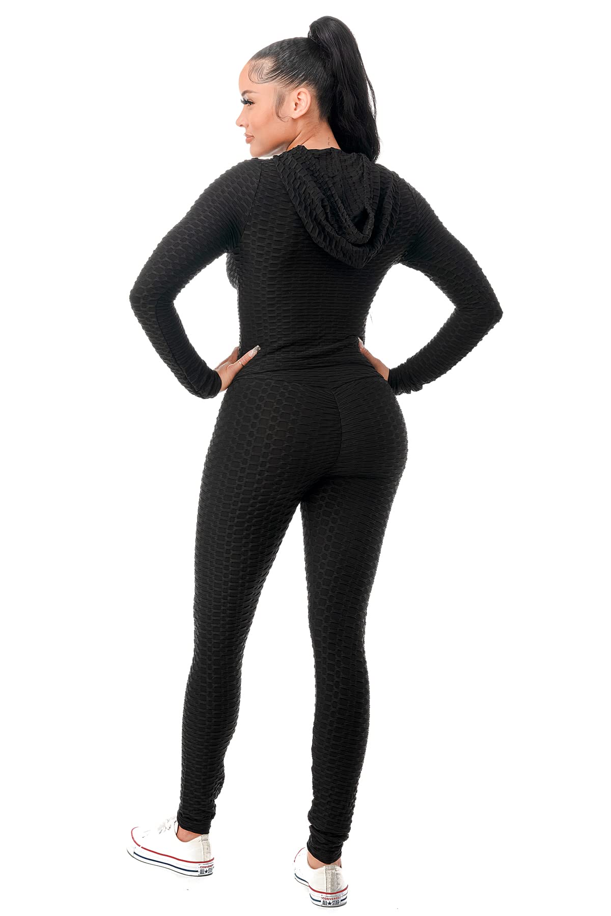 Workout Gym Bodycon Yoga Outfit 2 Piece Hoodie Set Leggings Bodysuit Plus Size (2pc Set: Black, Medium)