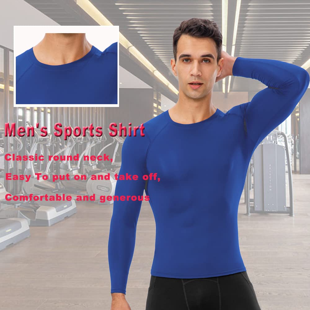 EARGFM Men's Athletic Long Sleeve Compression Shirts Active Running Workout Base Layer Elastic Sports Tops Cool Dry T-Shirts Blue