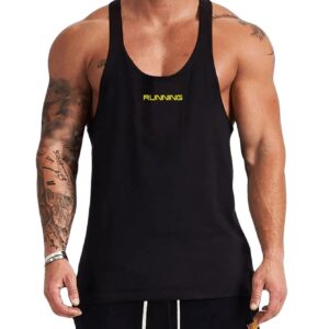 GORGLITTER Men's Letter Graphic Y-Back Muscle Tank Top Scoop Neck Gym Workout Shirt Black Medium