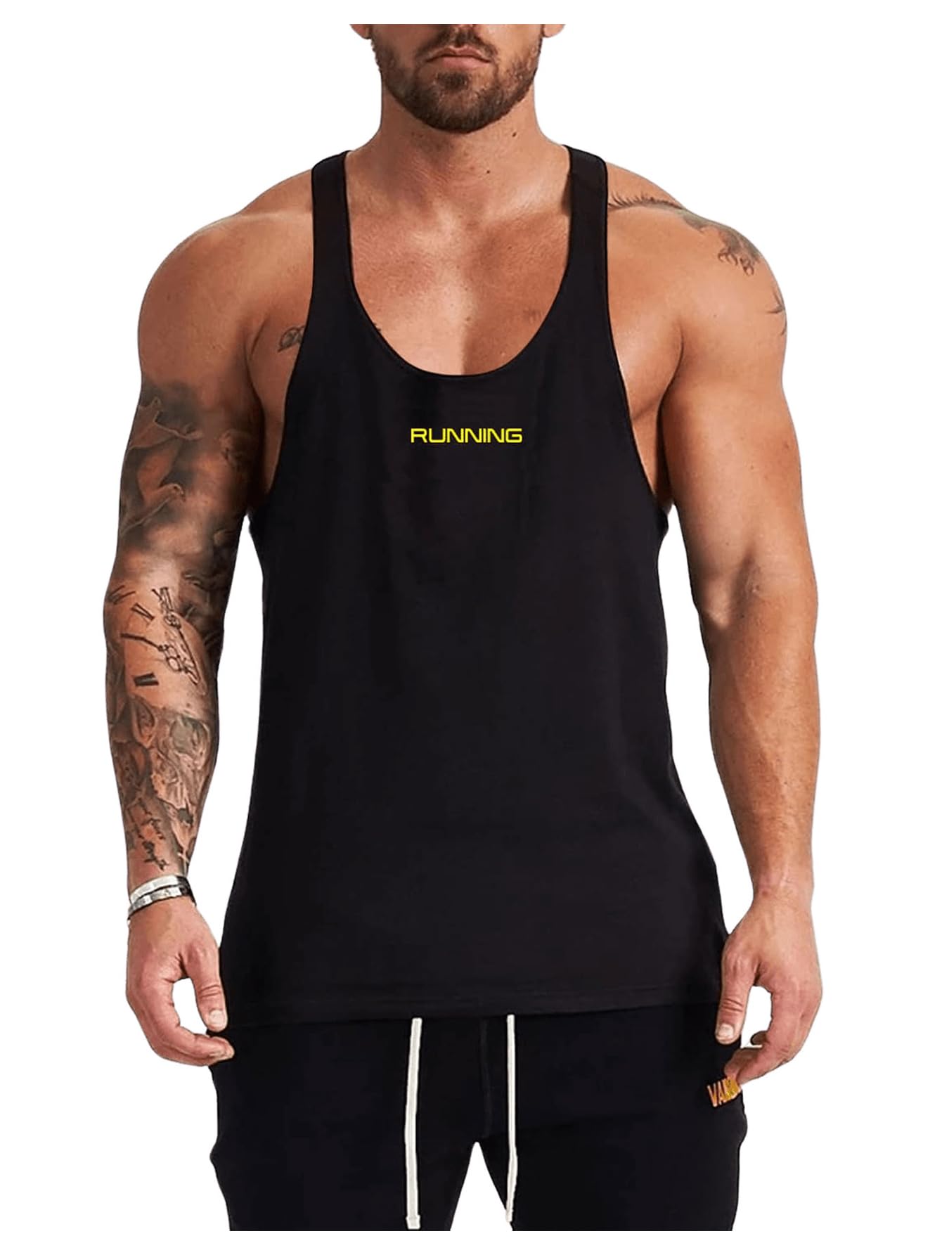 GORGLITTER Men's Letter Graphic Y-Back Muscle Tank Top Scoop Neck Gym Workout Shirt Black Medium