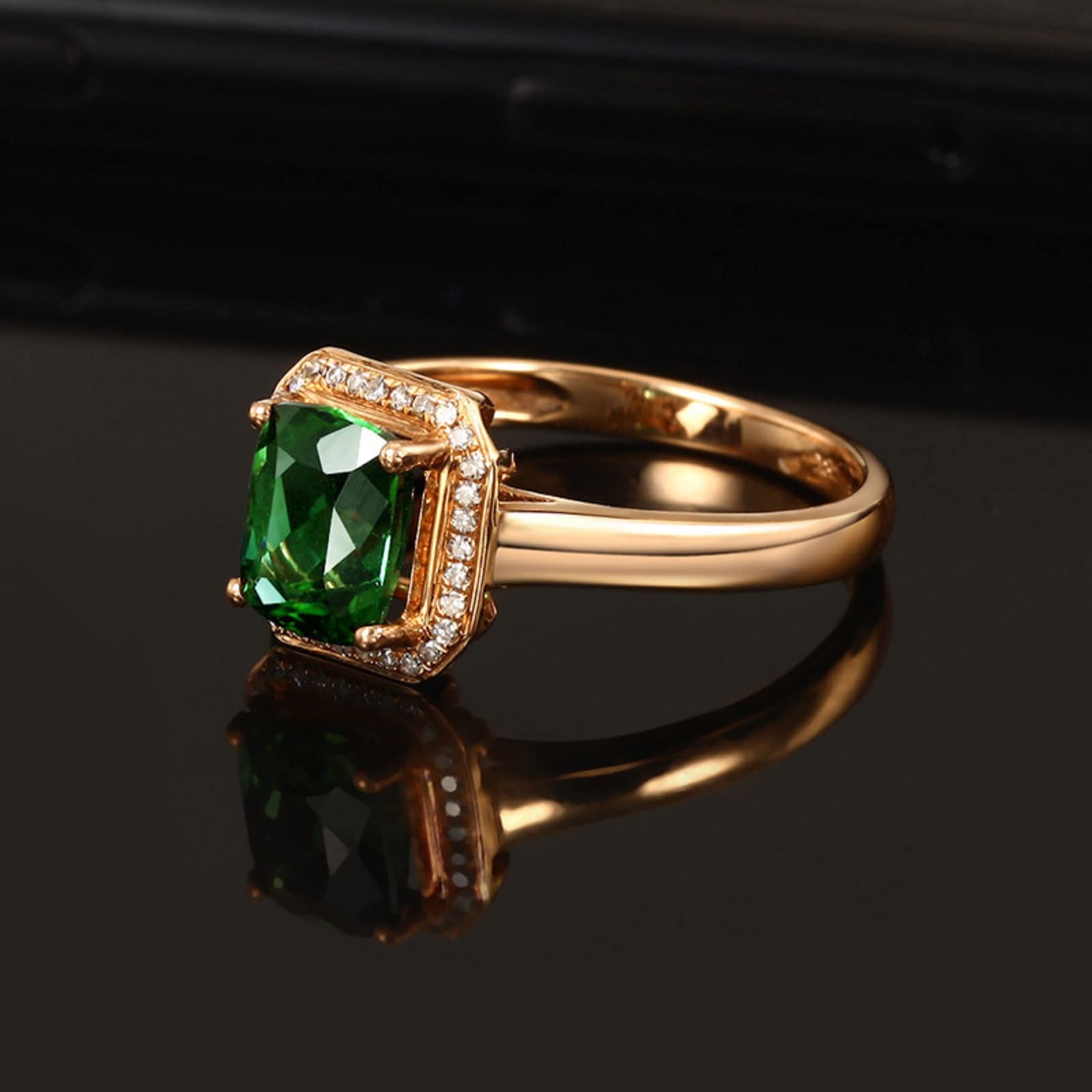 Htayekog 925 Sterling Silver Simulated Square Green Tourmaline Emerald Gemstone Colored Gemstone Ring with 18k Rose Gold Plated Opening Engagement Ring for Women