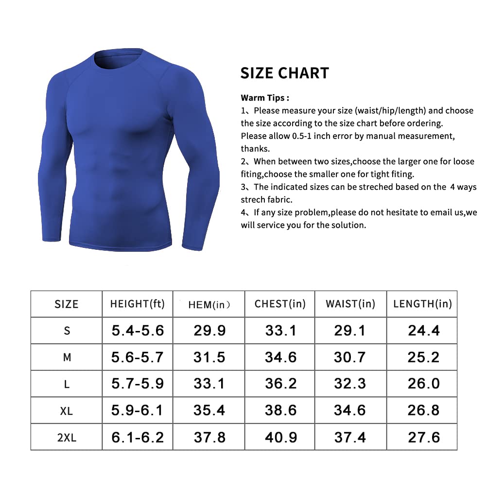 EARGFM Men's Athletic Long Sleeve Compression Shirts Active Running Workout Base Layer Elastic Sports Tops Cool Dry T-Shirts Blue