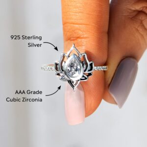 Story Jewellery Sterling Silver Cubic Zirconia Lotus Promise Rings for Women, Dainty Lotus Flower Rings, Inspirational Jewelry Gifts for Her, Birthday Christmas Valentines Gifts (all silver 07)