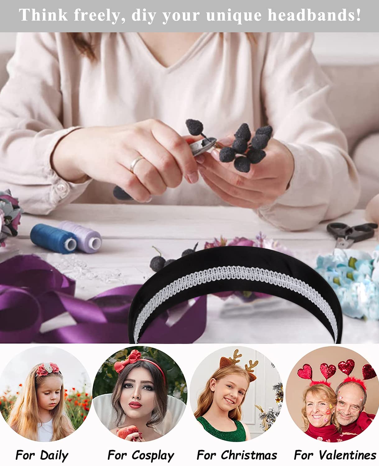 Wecoe Women's 1.6 Inch Wide Black Silk Satin Headband, Non Slip Fashion Plain Head Band, DIY Hair Accessories for Women Girls, Holiday Hair Accessories, Gifts