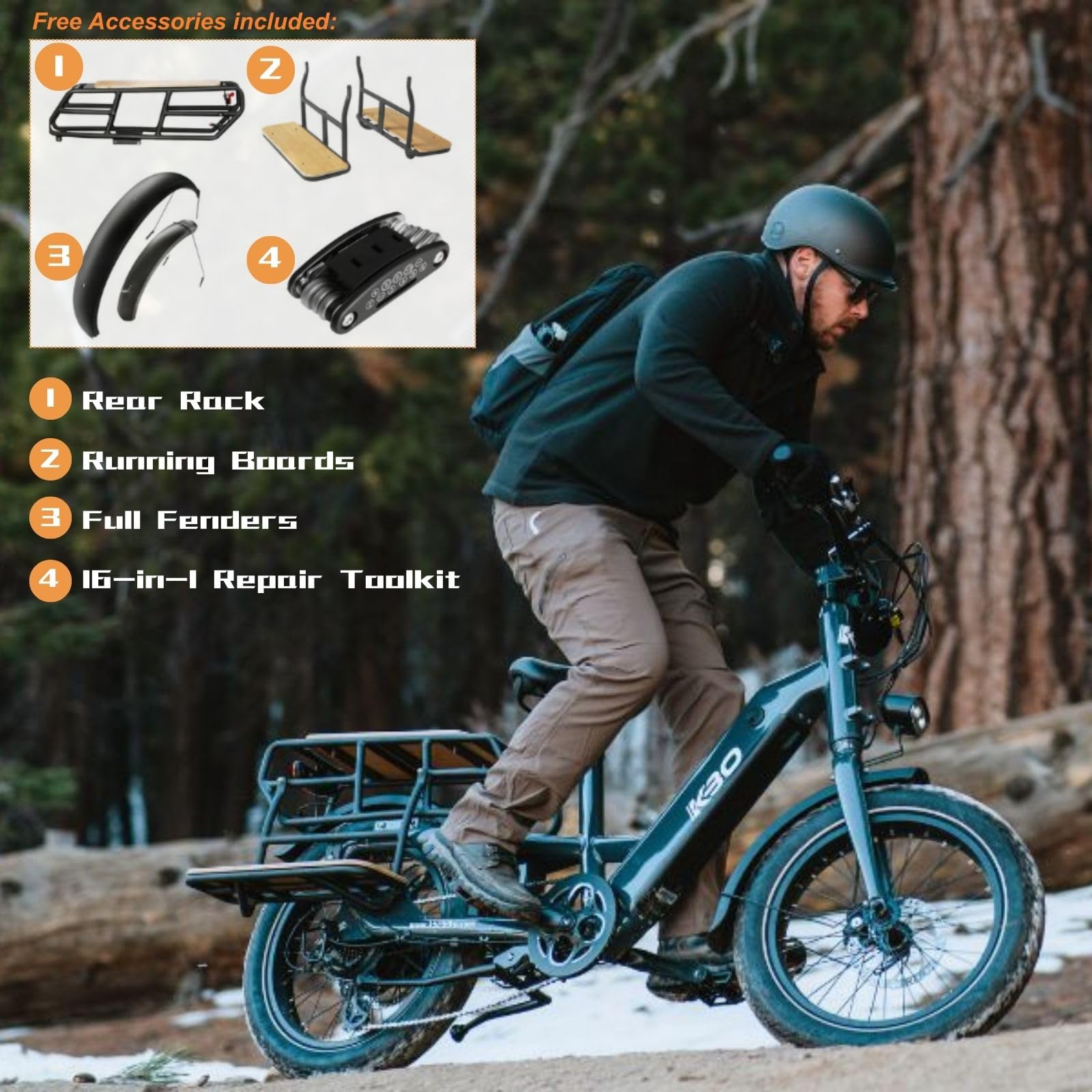 KBO Ranger Electric Bike 750W Cargo Ebike 48V 17.5Ah/840Wh Removable Battery 60Mi+ Range 400LBS Payload Capacity 20"x3" Fat Tire ebike 25mph 86Nm 7-Speed Cargo Bicycle 0-5 Level Pedal Assist