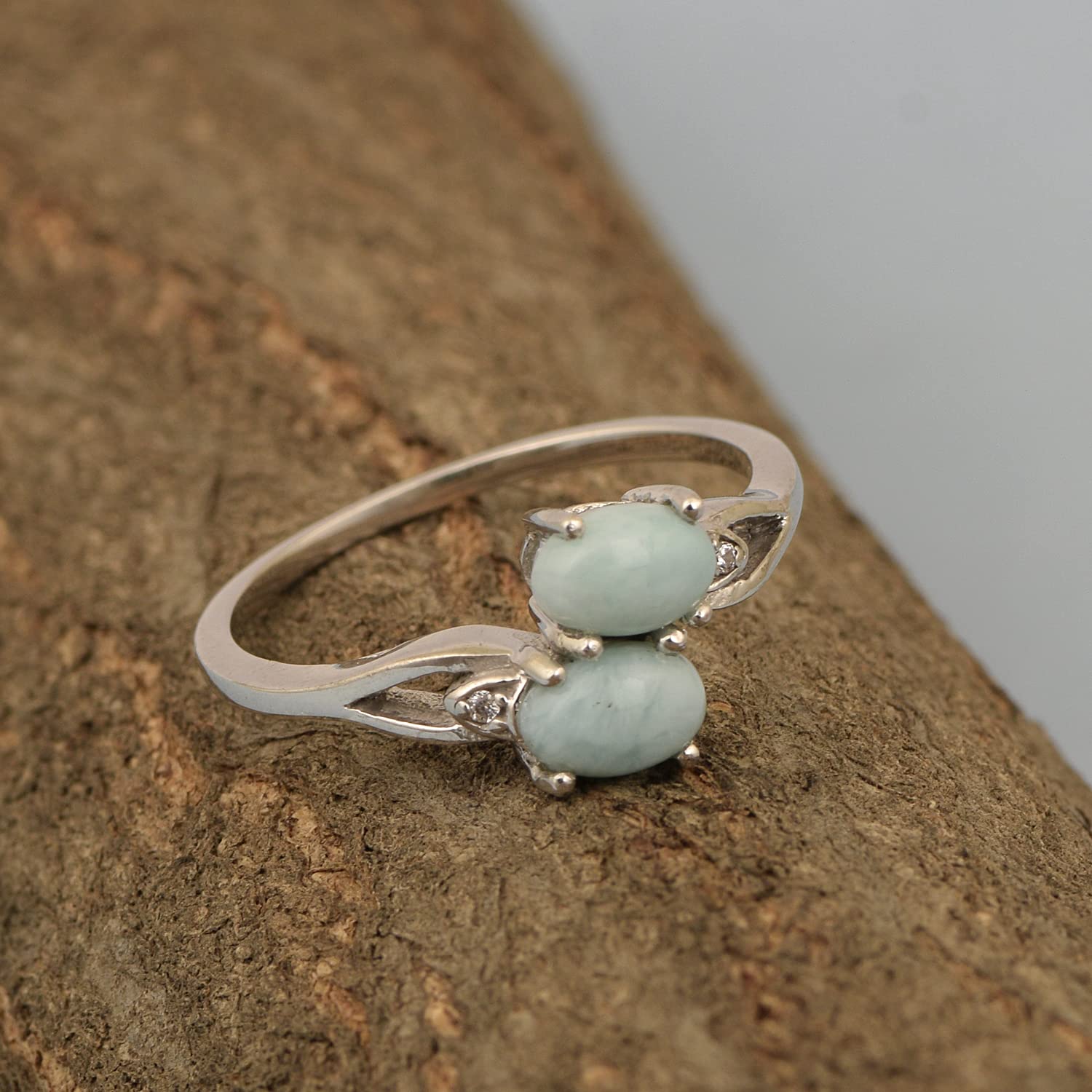 0.90 Ctw Oval Shape Birthstone Gemstone 925 Sterling Silver Dual Stone Stackable Women Ring (Larimar, 7)