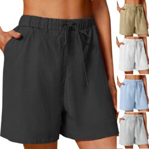 Casual Cotton Linen Shorts for Women Elastic Drawstring Workout Yoga Shorts Loose Soft Summer Beach Pocketed Shorts