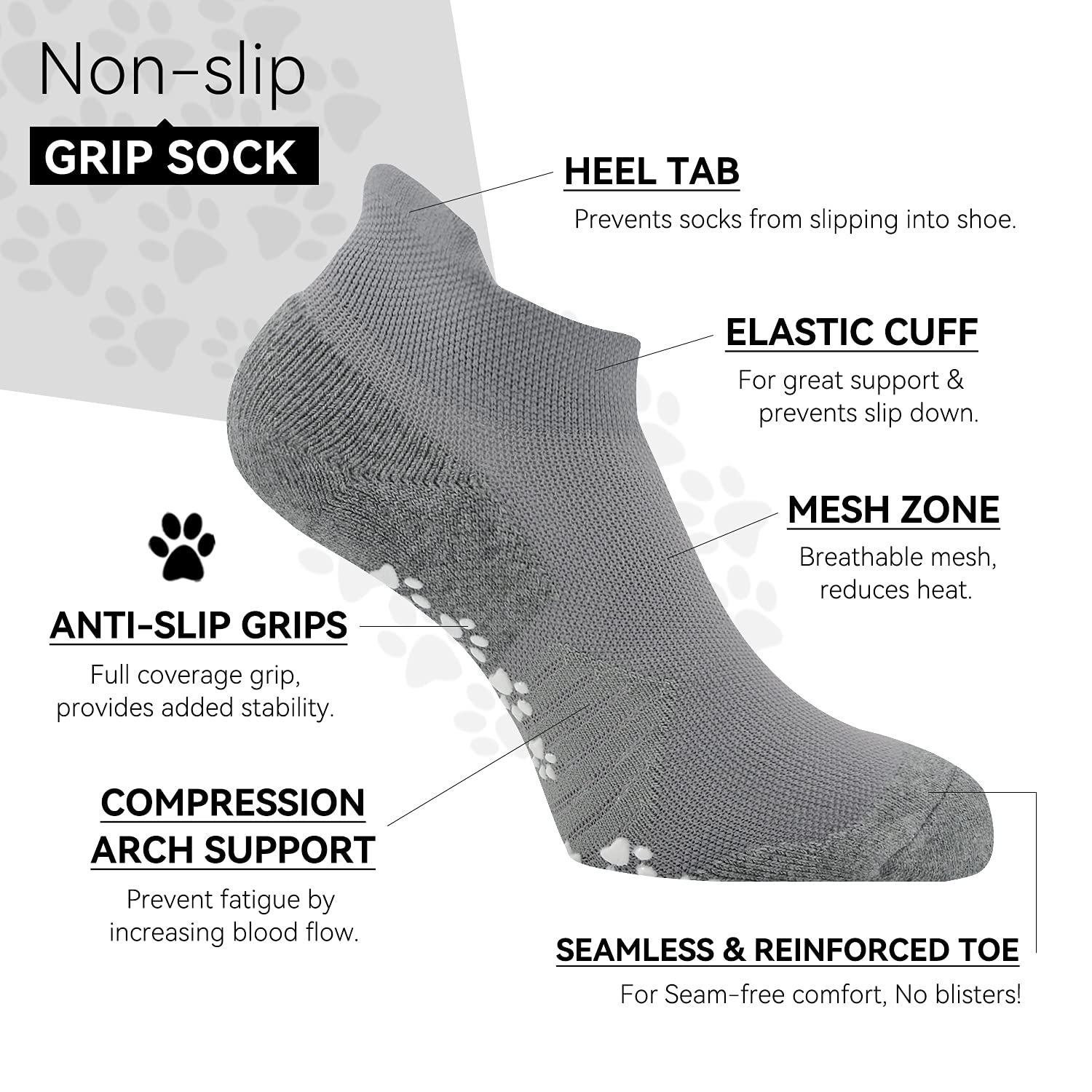 KitNSox Men's Cotton Ankle Cushioned Slip Resistant Socks, Unisex Non Slip Grip Socks for Yoga, Bikram, Hospital, Pilates, Barre, Kickboxing (L-XL, 2 Pack, Light Grey)