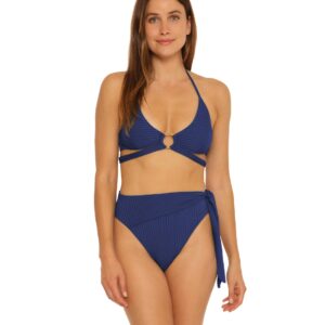 Trina Turk Women's Standard Olympia Ring Ribbed Halter Bikini Top-Adjustable, Tie Back, Swimwear Separates, Ink