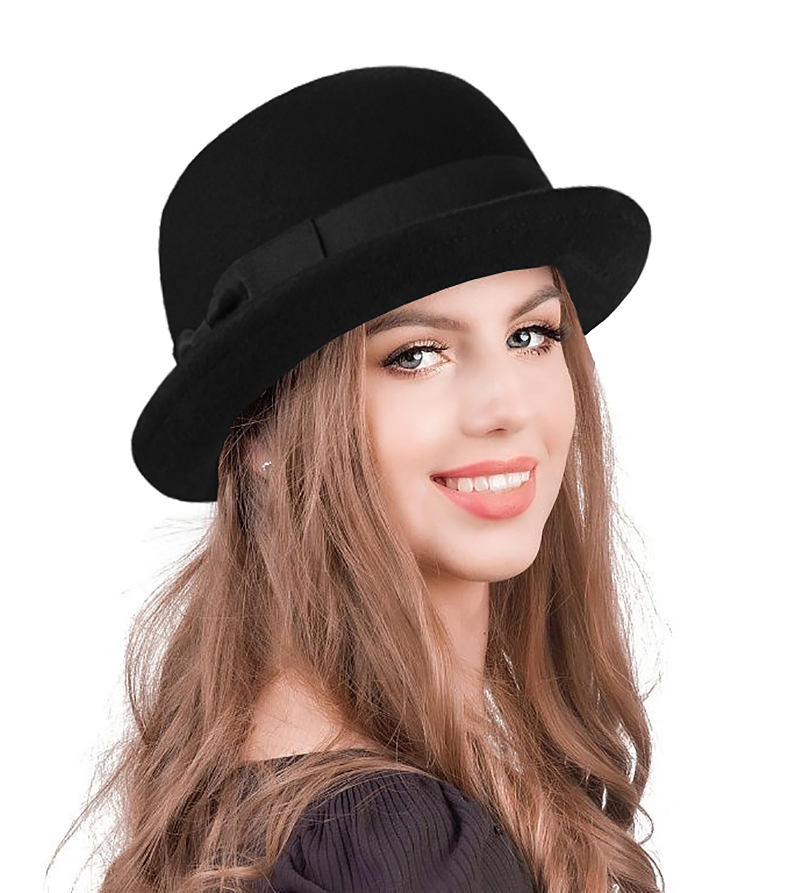 CXQRR Black Bowler Derby Hat Short Rolled Brim Fedora Hat for Men and Women