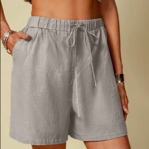 Casual Cotton Linen Shorts for Women Elastic Drawstring Workout Yoga Shorts Loose Soft Summer Beach Pocketed Shorts