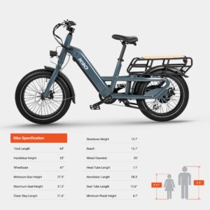 KBO Ranger Electric Bike 750W Cargo Ebike 48V 17.5Ah/840Wh Removable Battery 60Mi+ Range 400LBS Payload Capacity 20"x3" Fat Tire ebike 25mph 86Nm 7-Speed Cargo Bicycle 0-5 Level Pedal Assist