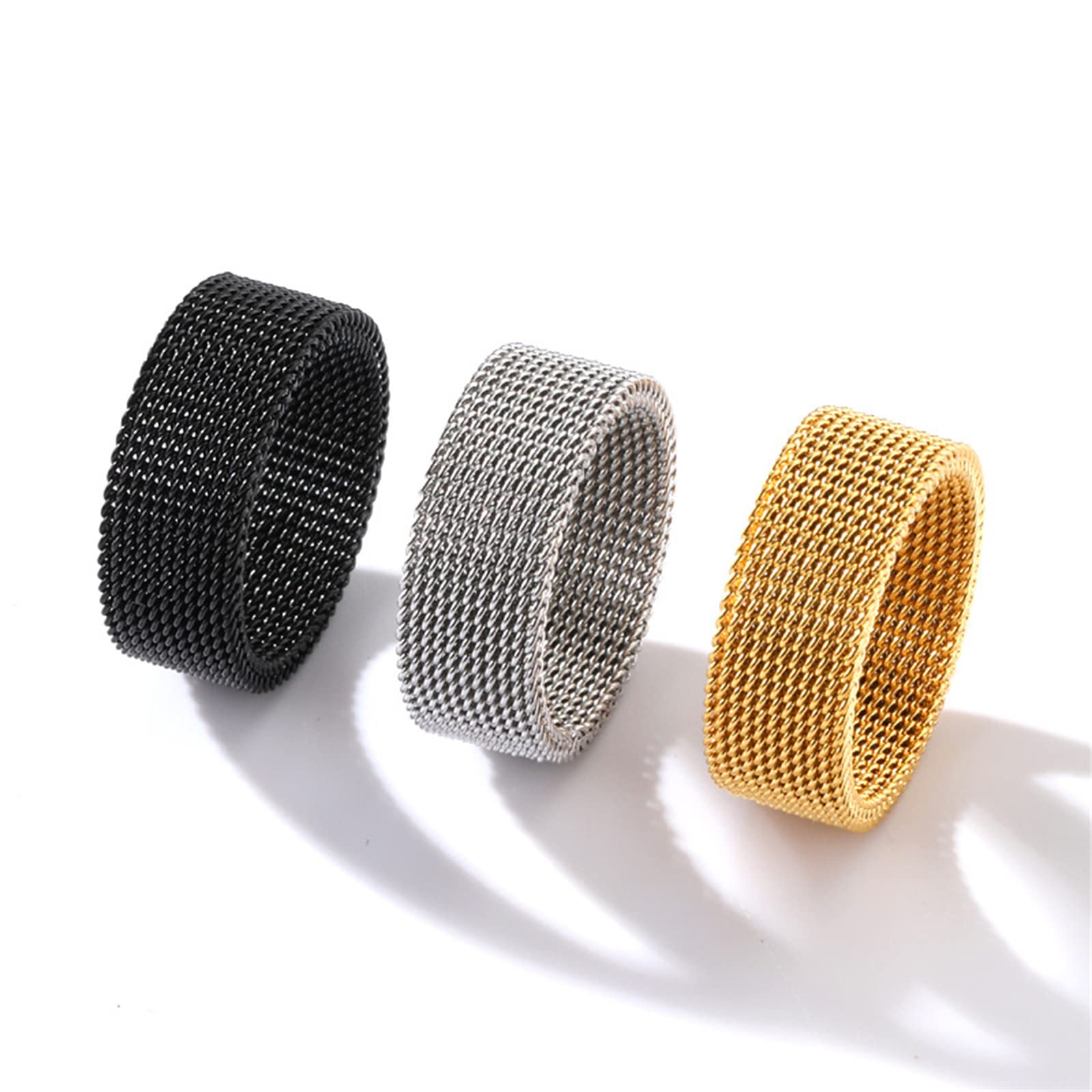 Uarein 1Pc Stainless Steel 8mm Mesh Ring for Women Men.Fashion Wide Woven Mesh Ring Comfort Fit Wire Mesh Band Ring Punk Jewelry Gifts for Wife (Gold, 9)