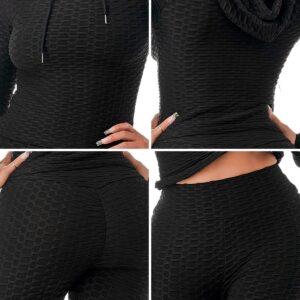 Workout Gym Bodycon Yoga Outfit 2 Piece Hoodie Set Leggings Bodysuit Plus Size (2pc Set: Black, Medium)