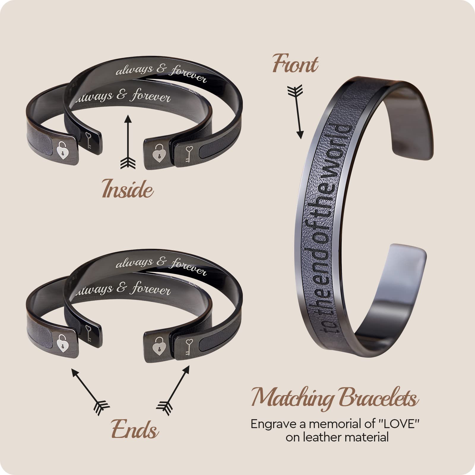 AW BRIDAL Anniversary Wedding Gifts for Couple Bridal Shower Gifts, Couples Bracelets Stainless Steel & Leather Bangle Bracelets for Women&Men Matching Bracelets for Couples, Black