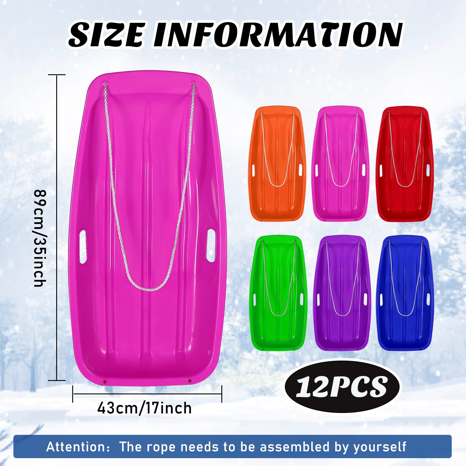 12 Pcs 35 in Classic Snow Sled Winter Downhill Sprinter Toboggan with Pull Rope and Handles Plastic Sleds for Kids Adults Snow Sand Board Sleigh, 6 Colors