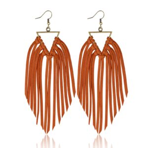 fringe leather earrrings triangle deerskin leather boho western statement dangel earrings for women (brown)