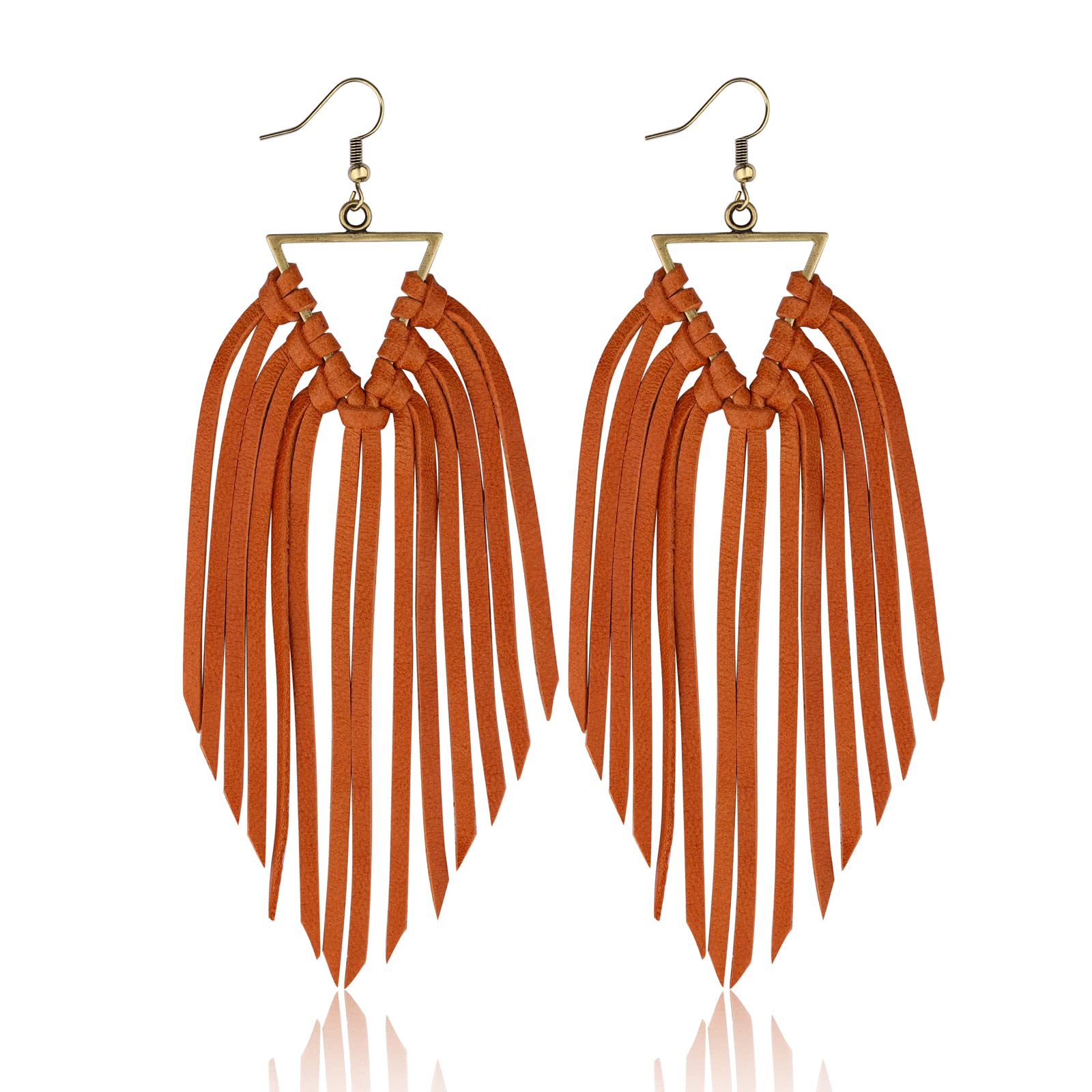 Fringe Leather Earrrings Triangle Deerskin Leather Boho Western Statement Dangel Earrings for Women (Brown)