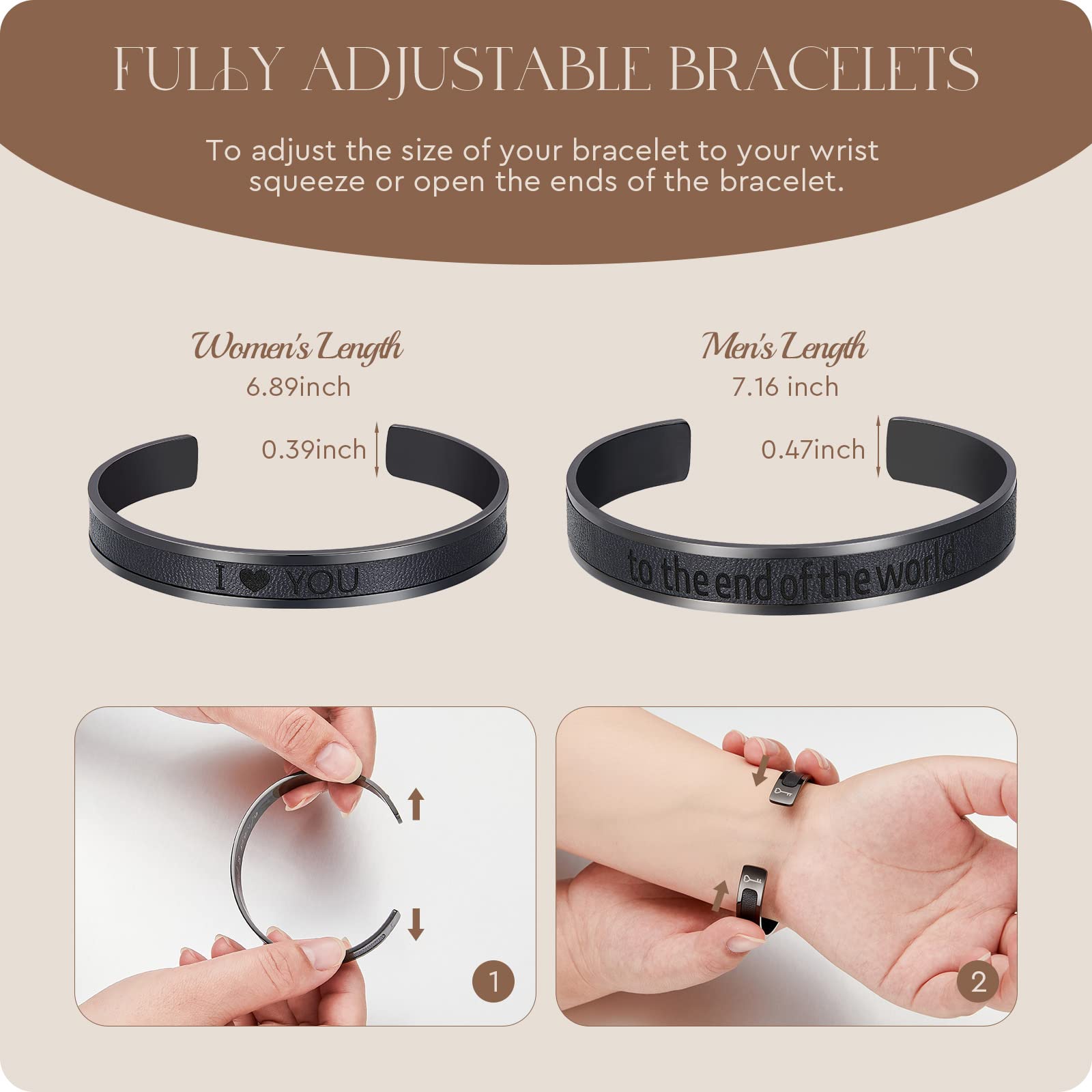 AW BRIDAL Anniversary Wedding Gifts for Couple Bridal Shower Gifts, Couples Bracelets Stainless Steel & Leather Bangle Bracelets for Women&Men Matching Bracelets for Couples, Black