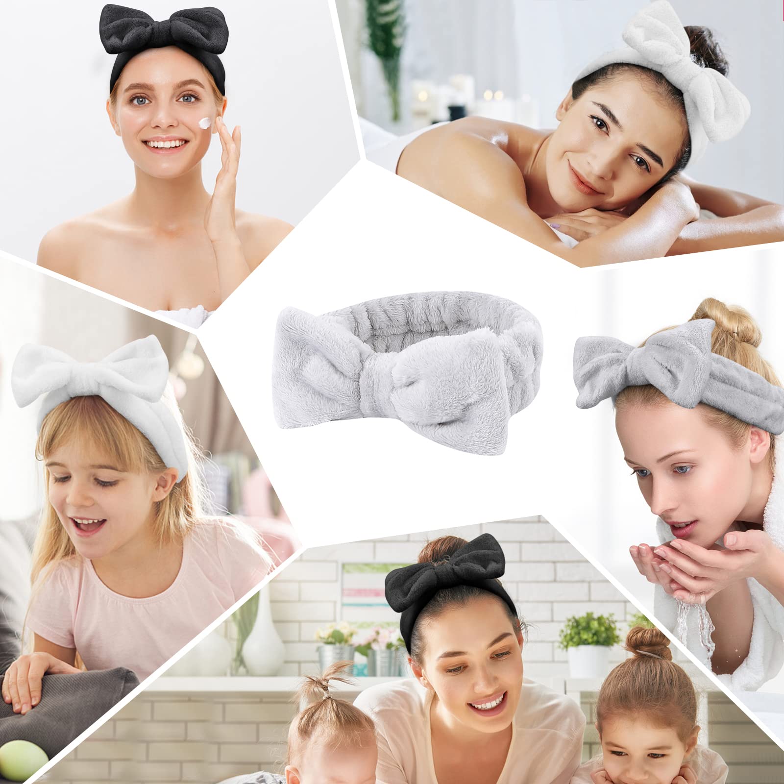 Casoty 6 Pcs Hair Band, Soft Coral Fleece Spa Headbands for Washing Face, Bow Hair Band, Makeup Headband, Skincare Headbands, Yoga, One Size Fits All, Grey, White, Black