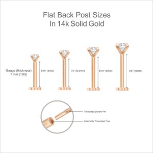 14K Solid Gold Milgrain Gemstone Bezel Single Stud Earring for Cartilage Tragus Helix Tragus CZ Stud 2mm 2.5mm 3mm Top Internally Threaded Flat Screw Back Upper Ear Piercing for Women Men (Single Piece)