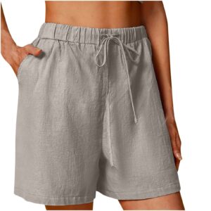 Casual Cotton Linen Shorts for Women Elastic Drawstring Workout Yoga Shorts Loose Soft Summer Beach Pocketed Shorts