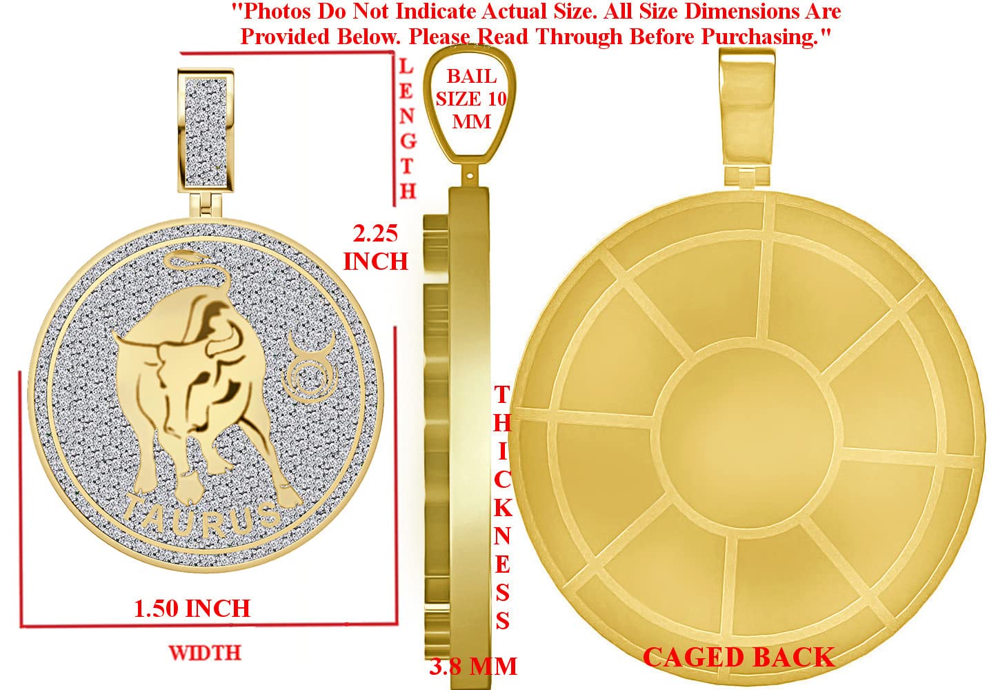 Real Genuine 2.50 Cwt. VVS1 Natural MOISSANITE Diamond Zodiac Sign Taurus Bull Astrology Horoscope Charm 10K Solid Gold Over Pendant 2.25'' (Yellow Gold Finish)