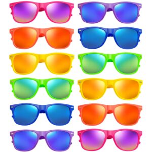 SUNOVELTIES 12 Pack Retro Neon Color Sunglasses Classic Mirrored Lenses Glasses Men/Women Eyewear for Birthday Bachelorette Summer Vacation Parties