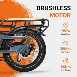 KBO Ranger Electric Bike 750W Cargo Ebike 48V 17.5Ah/840Wh Removable Battery 60Mi+ Range 400LBS Payload Capacity 20"x3" Fat Tire ebike 25mph 86Nm 7-Speed Cargo Bicycle 0-5 Level Pedal Assist