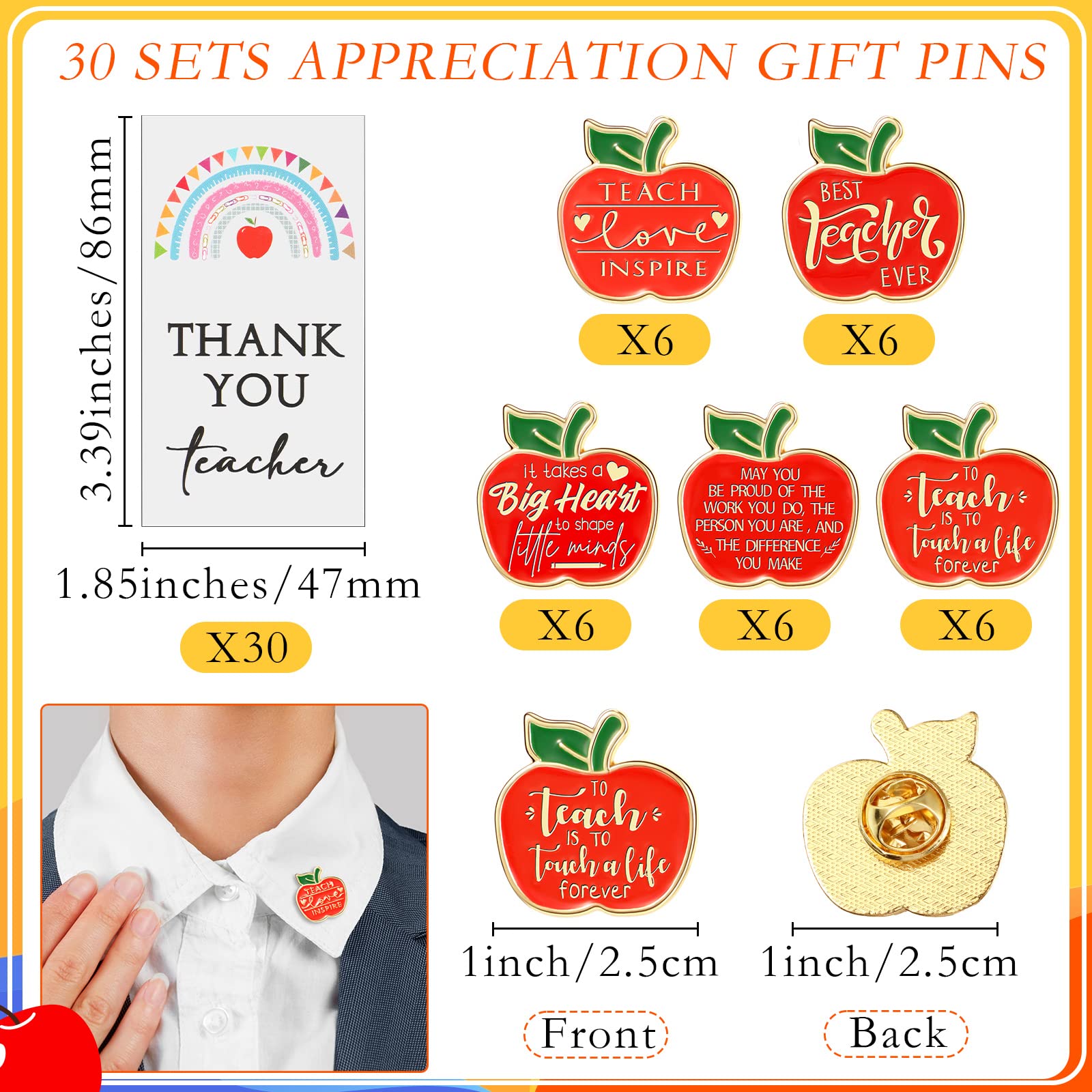 Unittype 30 Set Teacher Pins Teacher Appreciation Gift Bulk Teacher Lapel Pin Staff Appreciation Gifts Bulk Thank You Card(Apple)