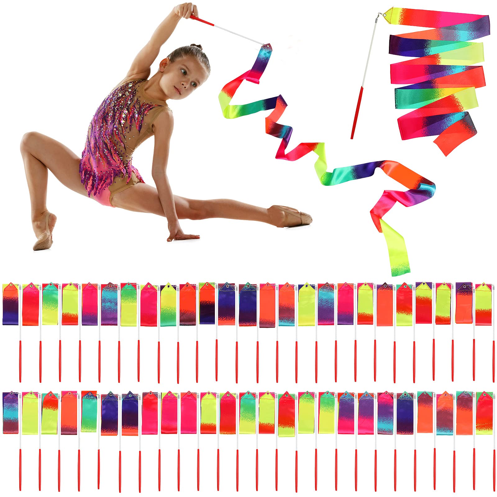 Yilloog 50 Pcs Ribbon Dancing Wands Party Favors, 78.7 Inch Gymnastics Ribbon Streamers Rainbow Artistic Ribbon Dancer Twirling Wands, Rainbow Birthday Decorations (Rainbow,Gradient Style)