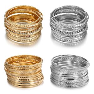 JEWPARK 50Pcs Mixed Metal Aztec Multi Bangle Set Indian Wedding Multi Textured Bracelet Smooth Bangle Bracelets Set of 50 in Gold Tone for Women