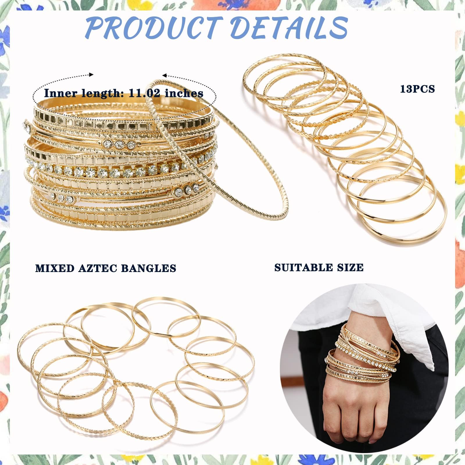 JEWPARK 50Pcs Mixed Metal Aztec Multi Bangle Set Indian Wedding Multi Textured Bracelet Smooth Bangle Bracelets Set of 50 in Gold Tone for Women