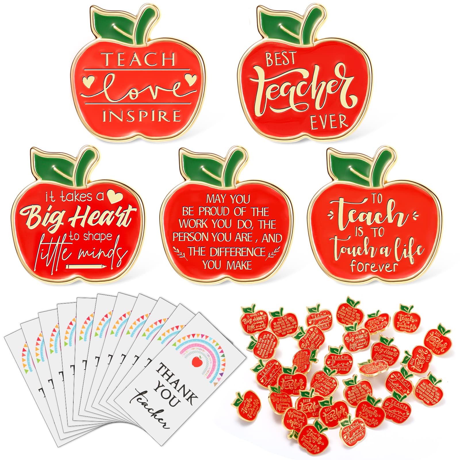 Unittype 30 Set Teacher Pins Teacher Appreciation Gift Bulk Teacher Lapel Pin Staff Appreciation Gifts Bulk Thank You Card(Apple)