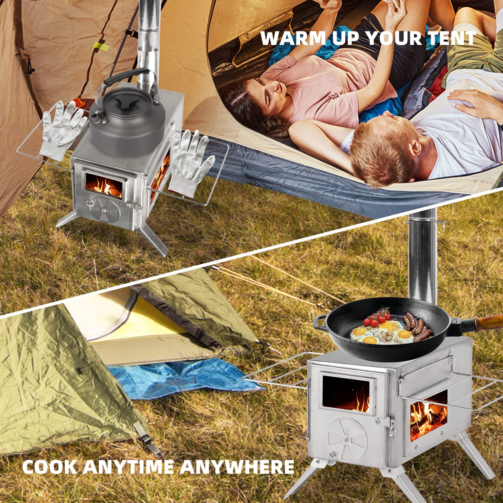 COEWSKE Wood Tent Stove, Hot Tent Stove Wood Burning Heater for Camping, Small Portable Ultralight Tent Stove Stainless Steel with Chimney Pipes for Outdoor, Camping, Cooking, Heating, Indoor