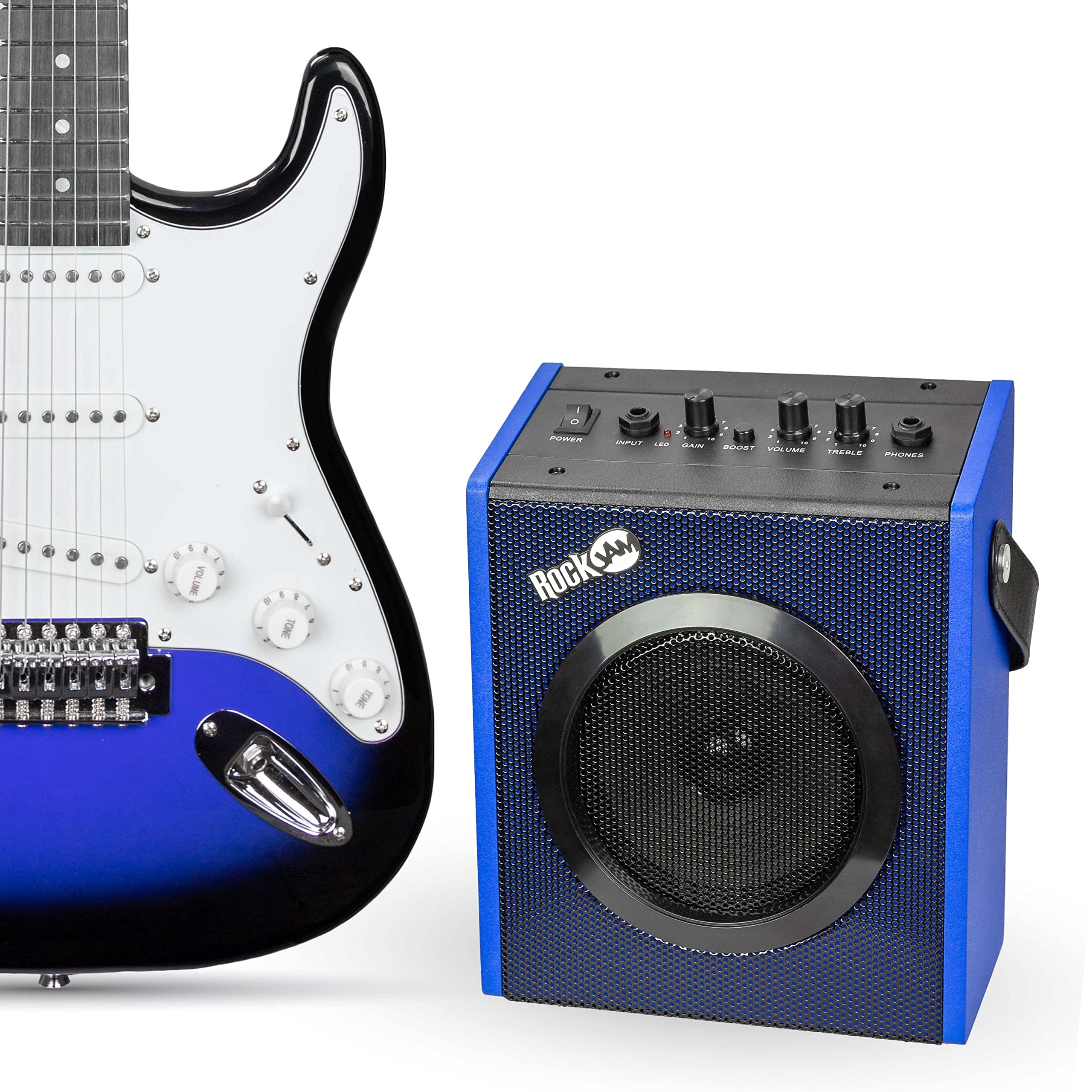 RockJam 6 String Electric Guitar Kit, Right, Blue & Blue, Full-Size (EG1-BL-SK-V)