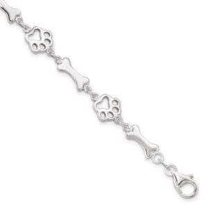 9mm 925 Sterling Silver Animal Pet Dog Bones and Paws Bracelet 8.5 Inch Jewelry for Women