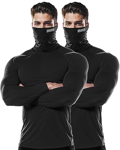 DRSKIN 2 Pack Men's MASK Turtleneck Compression Shirts Top Long Sleeve Thermal Sports Baselayer Running Athletic Workout (Turtleneck SB01 2P, L)