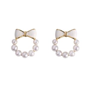 channel v small pearl earrings cute bow pearl stud earrings ribbon bow wedding earring jewelry gift for women