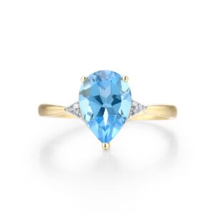 Santuzza 10K Yellow Solid Gold Solitaire Pear Shape Swiss Blue Topaz Genuine Diamond Ring for Women (6)