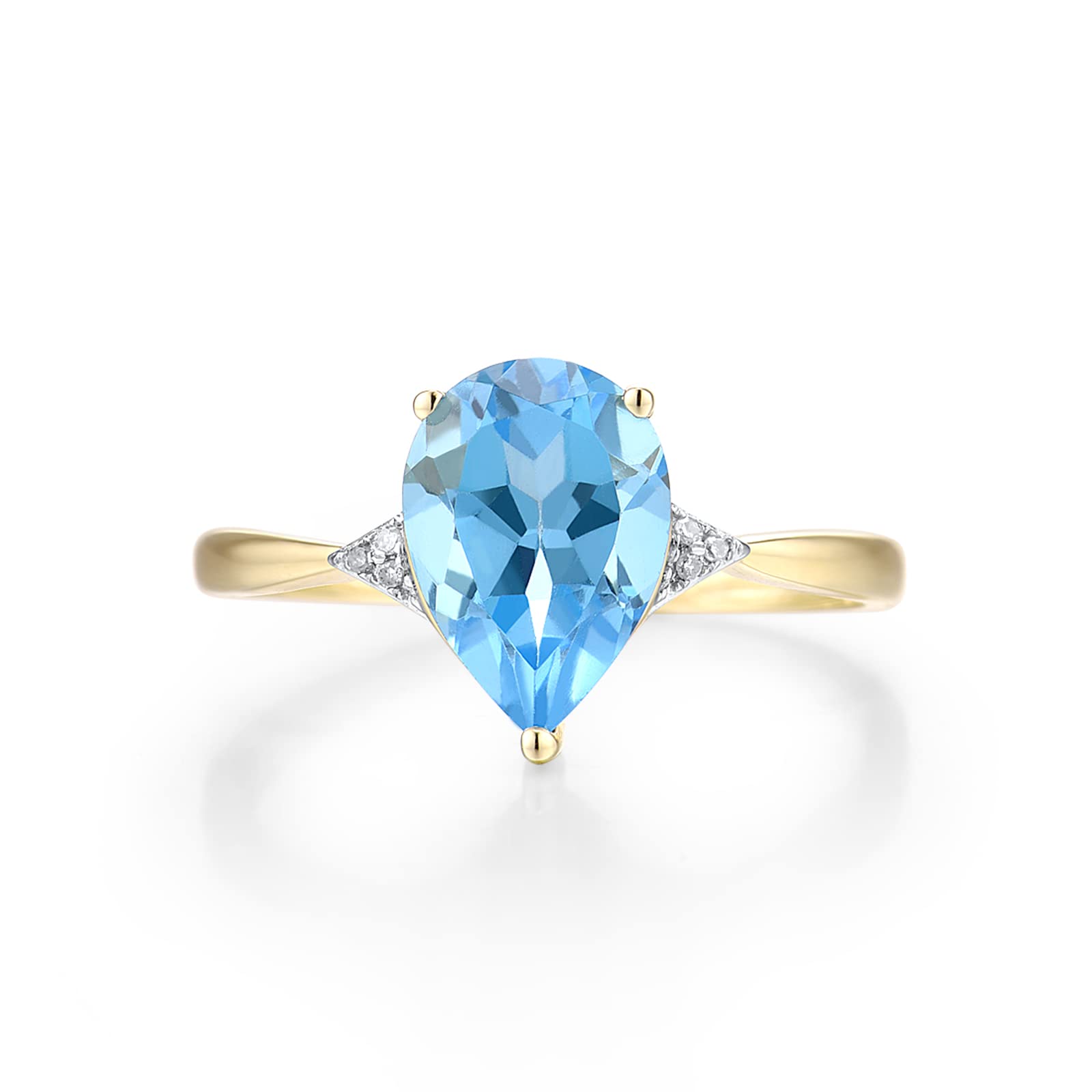 Santuzza 10K Yellow Solid Gold Solitaire Pear Shape Swiss Blue Topaz Genuine Diamond Ring for Women (6)