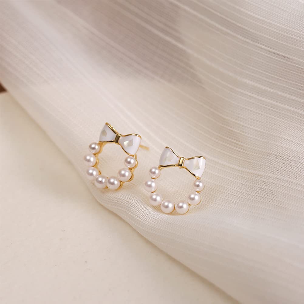 Channel V Small Pearl Earrings Cute Bow Pearl Stud Earrings Ribbon Bow Wedding Earring Jewelry Gift for Women