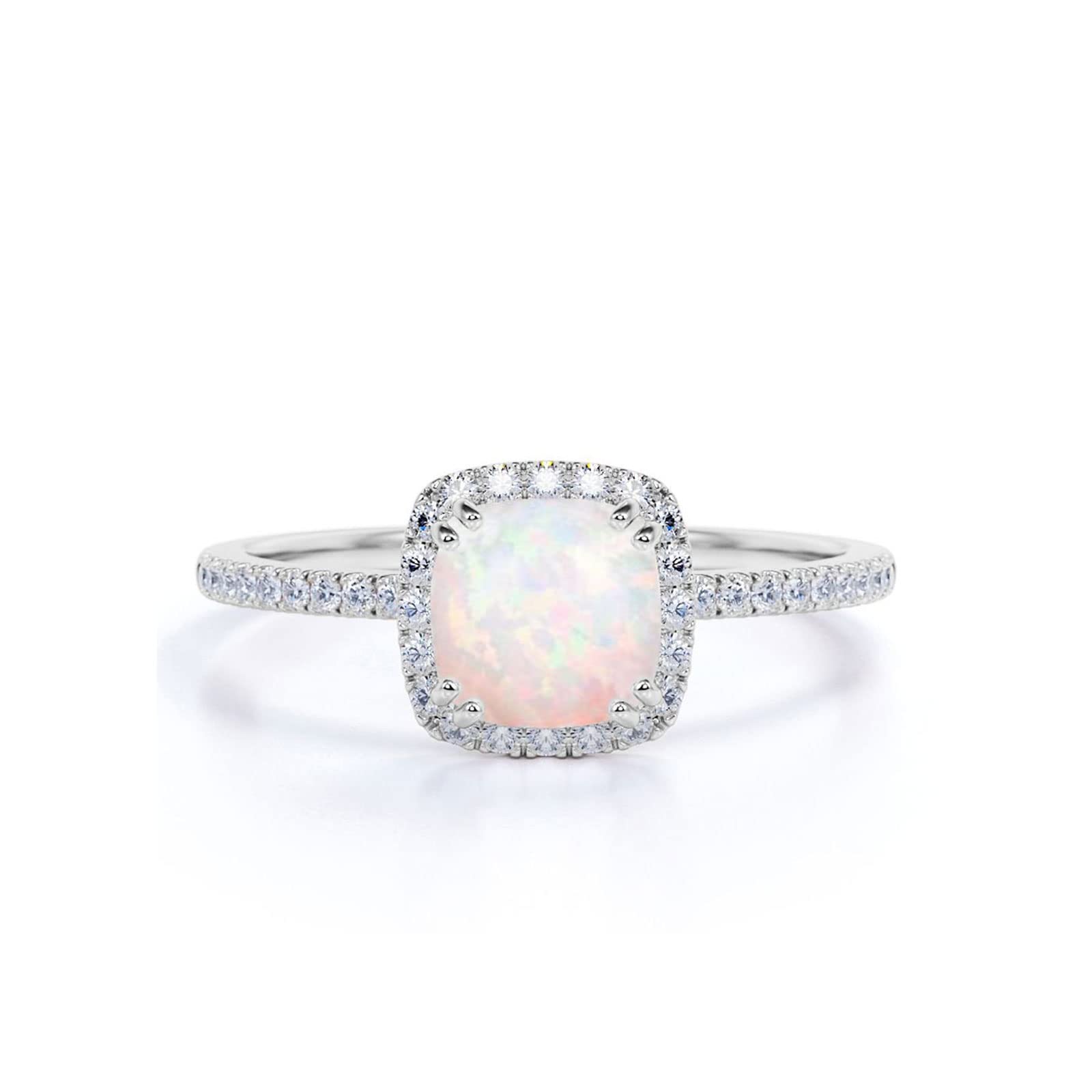 CTIEIP 10K 14K 18K Gold Opal and Diamond Engagement Rings for Women Cushion Cut Simulated Opal and Real Diamond Rings for Her (1.2 Carat, G-H Color, I2-I3 Clarity)