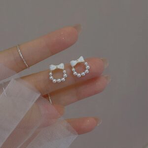 Channel V Small Pearl Earrings Cute Bow Pearl Stud Earrings Ribbon Bow Wedding Earring Jewelry Gift for Women