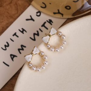 Channel V Small Pearl Earrings Cute Bow Pearl Stud Earrings Ribbon Bow Wedding Earring Jewelry Gift for Women