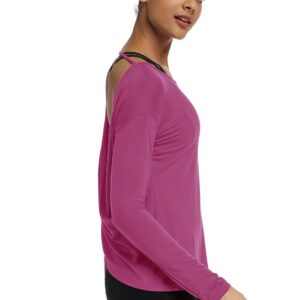 Muzniuer Women's Long Sleeve Yoga Shirts Workout Shirts Backless Cross Back Open Shirts Yoga Top Soft Fitness Shirts for Women Long Sleeve Running Shirts Rose Red M