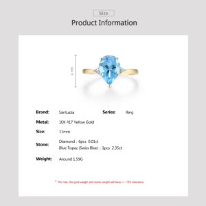 Santuzza 10K Yellow Solid Gold Solitaire Pear Shape Swiss Blue Topaz Genuine Diamond Ring for Women (6)