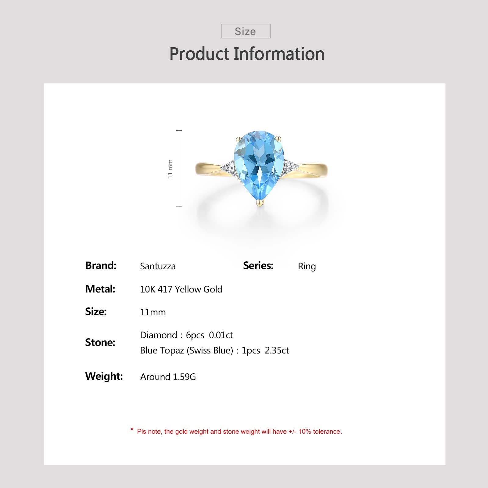 Santuzza 10K Yellow Solid Gold Solitaire Pear Shape Swiss Blue Topaz Genuine Diamond Ring for Women (6)