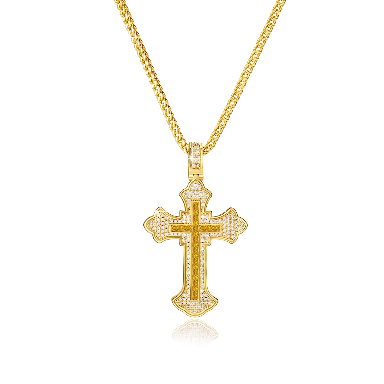 PHENGEL 12 month birthday stone Cubic Zirconia 5A Cz Cross Religious Pendant gorgeous Necklace (14K-Gold-11-Nov)