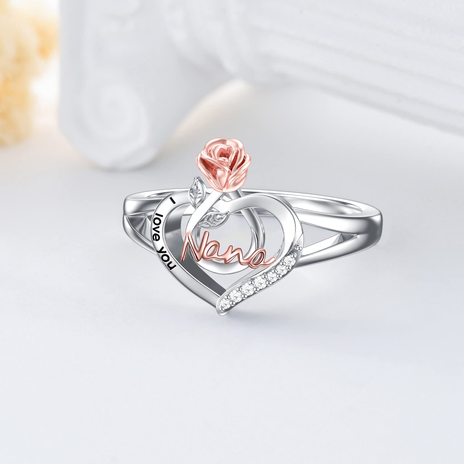 POPKIMI Gifts for Nana Nana Ring 925 Sterling Silver Nana Jewelry I Love You Nana Ring Rose Flower Love Heart Ring Birthday Jewelry for Nana